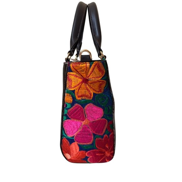 Tooled aqua with Floral tapestry embroidery crossbody shoulder satchel - Picture 3 of 10